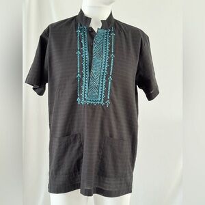 Men’s Linen Shirt Size 38 black with Blue embroidery.
